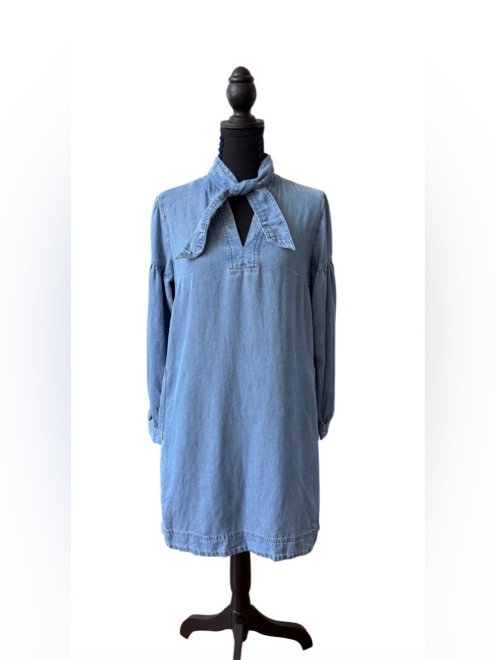 LOFT Light Blue Chambray Tie-Neck Tunic Relaxed Fit Dress